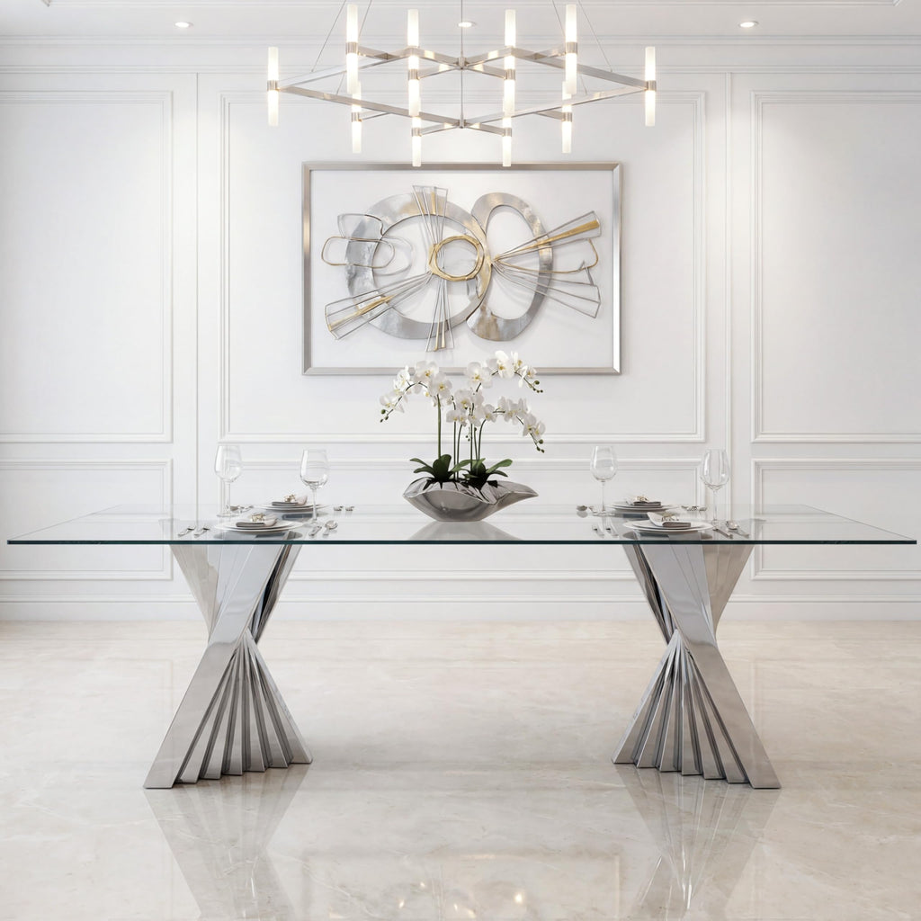 94" Modern Glass Silver Dining Table for 8-10, Luxury Dining Table with Tempered Glass Top & Mirror Finish Stainless