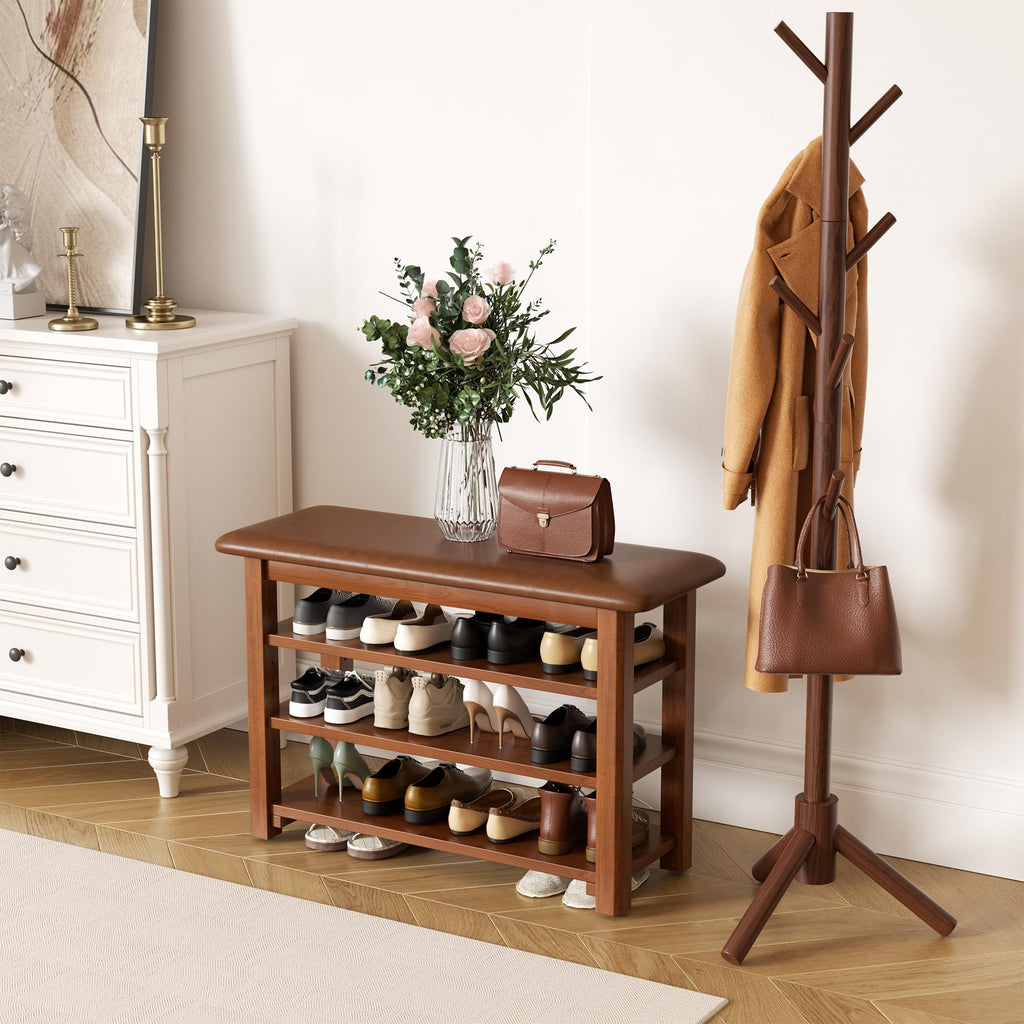 Shoe Rack Bench with Leather Cushion 3-Tier Shoe Rack Organizer Hallway or Living Room Farmhouse Rustic Wooden Seat