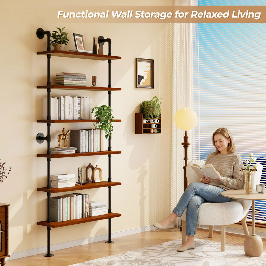 Industrial Pipe Bookshelf, Wall Mounted Shelf, 36 Inch, Walnut Brown