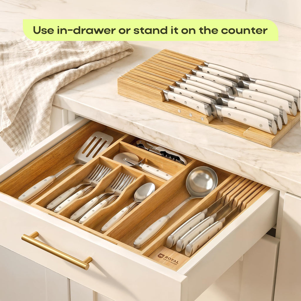 Knife Drawer Organizer - Bamboo In-Drawer Knife Block for 14 Knives - Premium Drawer Knife Organizer Insert, Kitchen