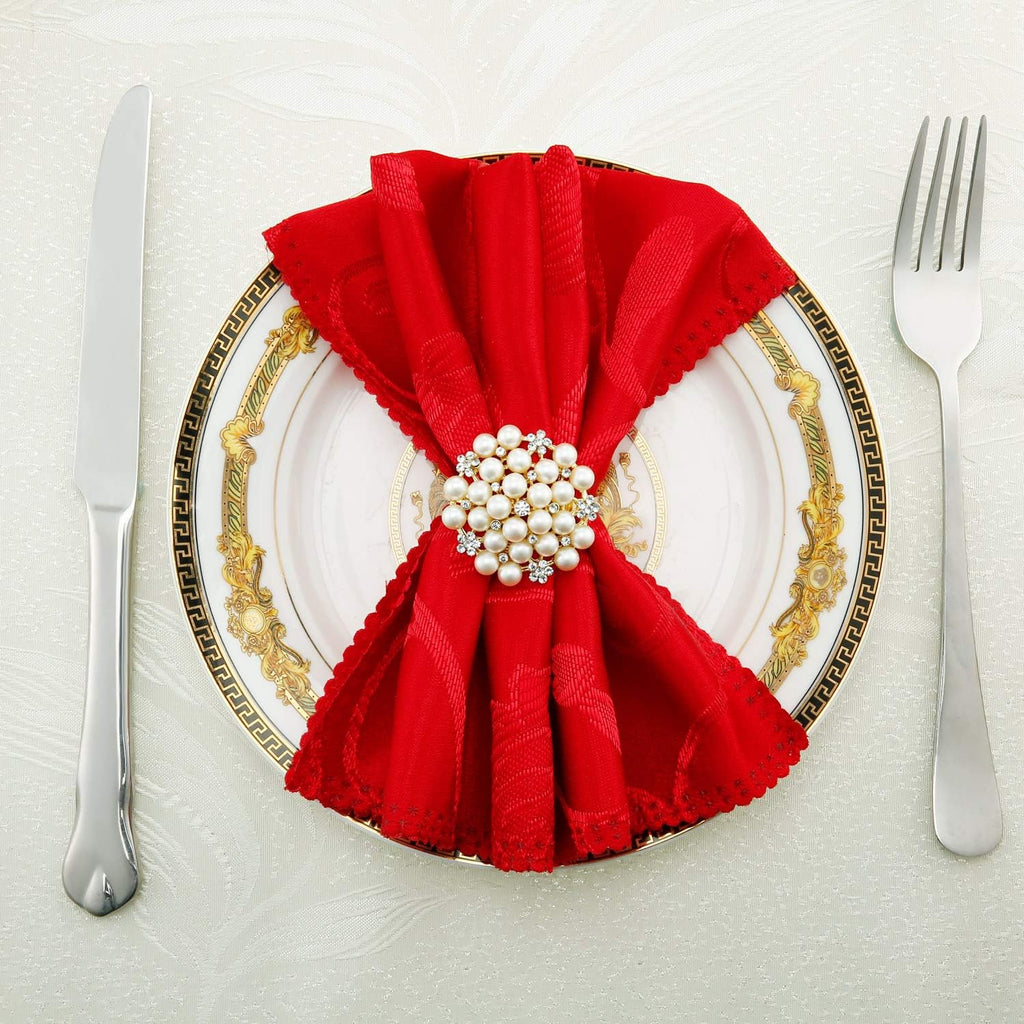 Gold Napkin Rings Pearls and Flower Napkin Buckles - Set of 12