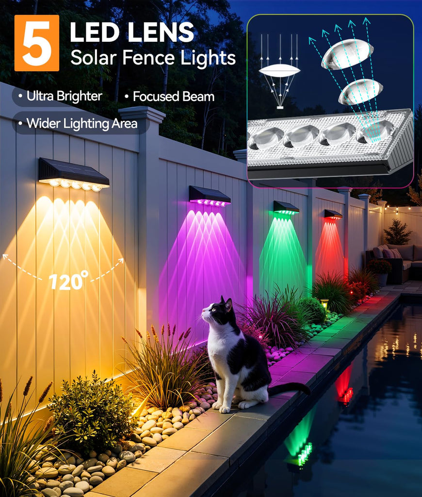 Solar Fence Lights Outdoor Waterproof, 12 Pack Warm White & 9 Fixed Colors & Color Changing Fence Lights Solar