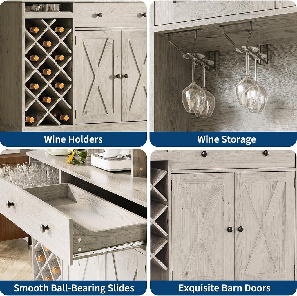 Contemporary Upright Storage Cabinet with Wine Bottle Rack | Built-in Outlet Spacious Shelves Multi-Functional