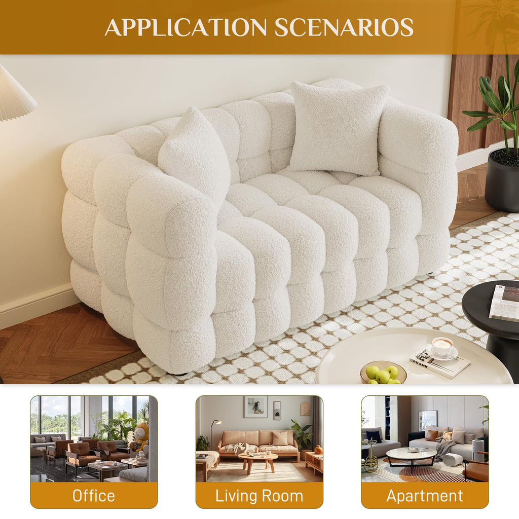 55" Boucle Cloud Loveseat with 2 Pillows, Beige White