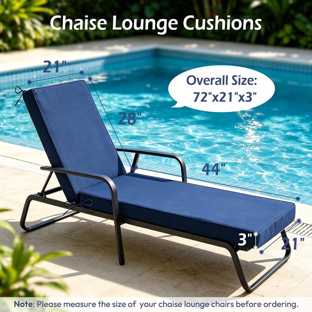 Chaise Lounge Cushions Outdoor, 72"x21"x3", Navy Blue | Waterproof, Fade Resistant, For Pool Beach Patio Hotel