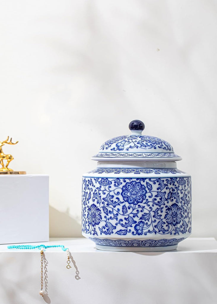 Blue and White Ginger Jar, Ceramic Chinoiserie Decorative Jars, Ginger Jar Vase Pocelain for Table, Living Room
