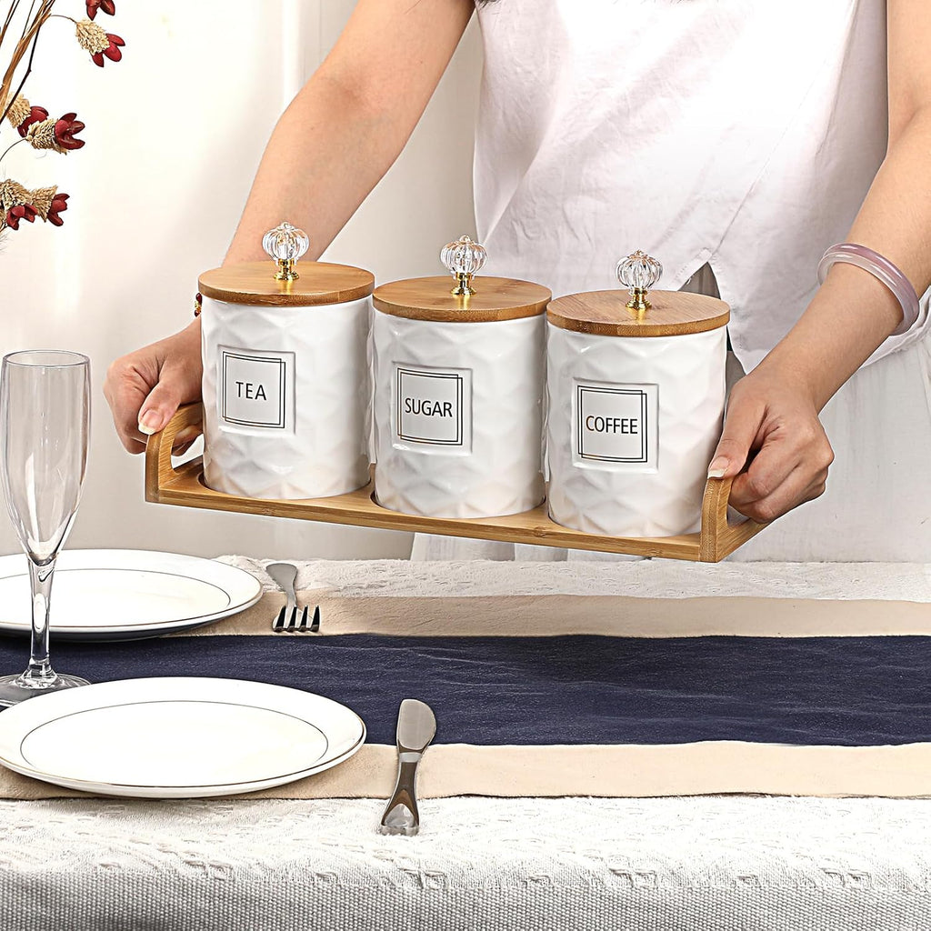 Ceramic Coffee Sugar Tea Canister Set with Lid and Tray - Set of 3