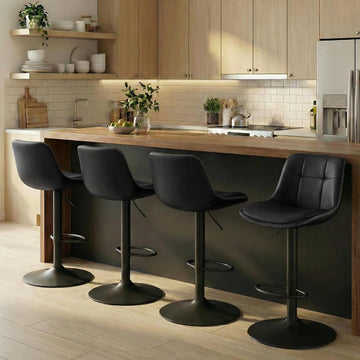 Bar Stools, Set of 4 Swivel Bar Chairs, Adjustable Height, Quilt, Synthetic Leather Kitchen Stools with Back