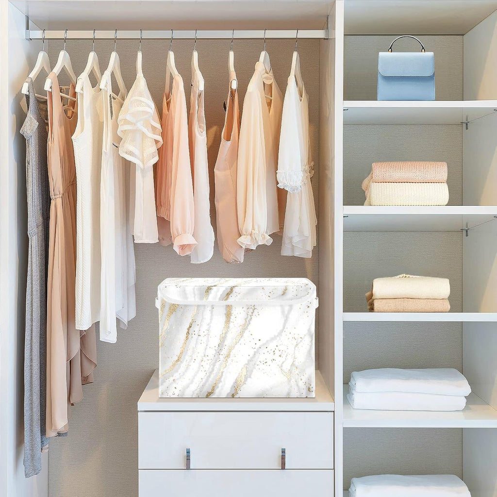 Large Fabric Storage Bins With Lids, Gold White Marble Storage Boxes With Handles for Organizing Clothes, Collapsible