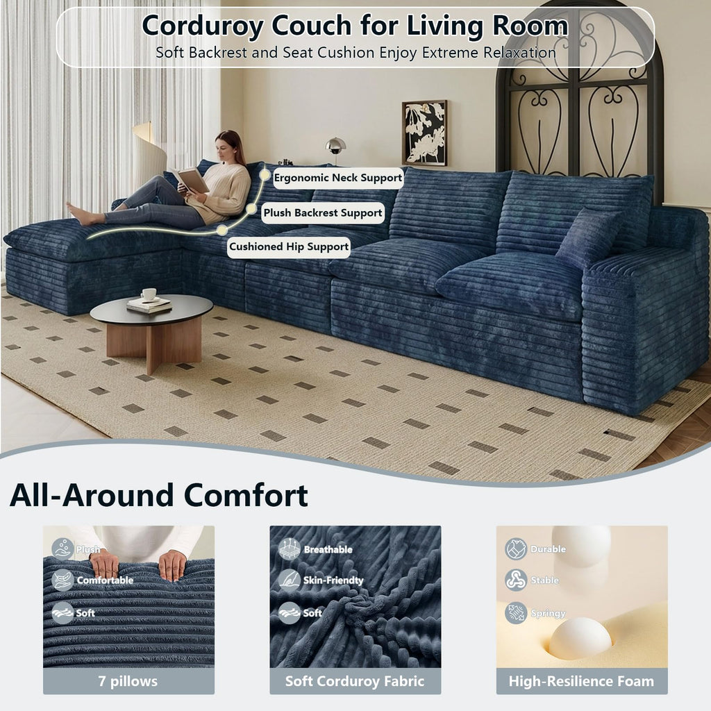 165.5" Cloud Boneless Sectional Couches with Chaise, Blue