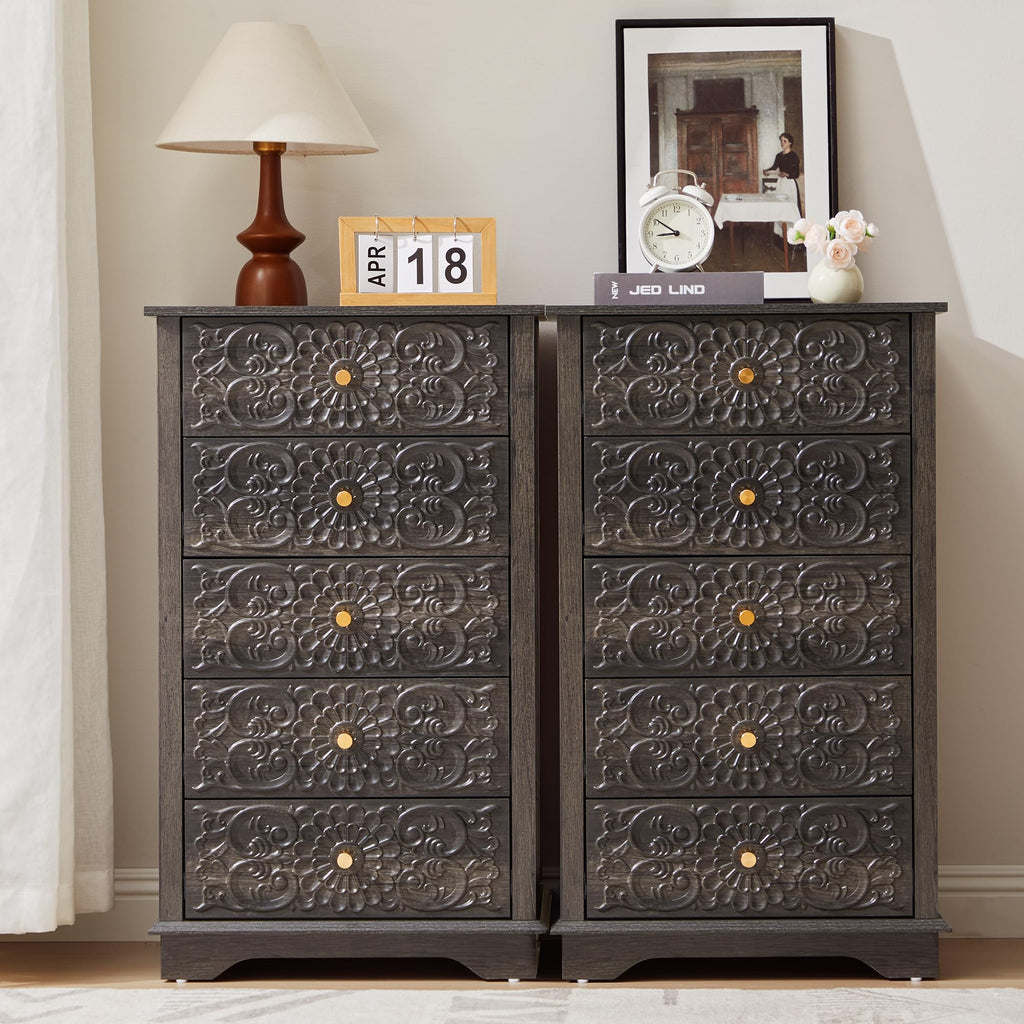 5 Drawer Dresser, 20"W Narrow Chest of Drawers, Black-Brown