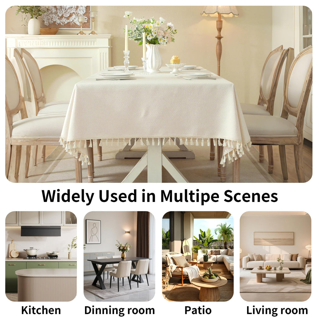 White Linen Tablecloth Spillproof Tassel Table Cover 55x70 Rectangle