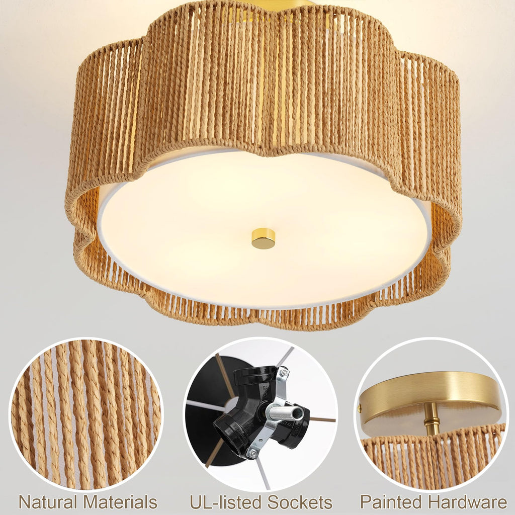 Rattan Ceiling Light Fixtures Flush Mount, 3-Light Boho Light Fixtures Ceiling Mount, Close to Ceiling Lights Modern