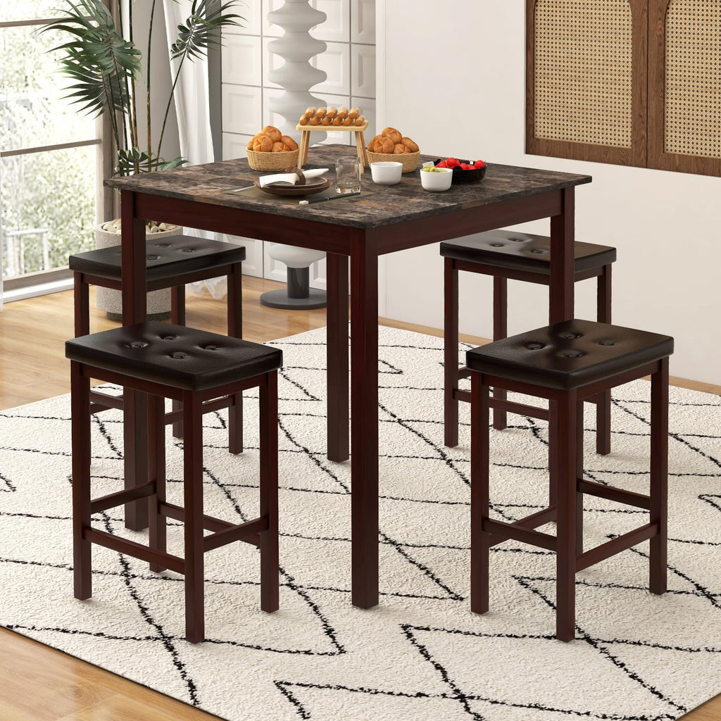 5-Piece Counter-Height Bar Table Set, Faux Marble Square Table & 4 PVC Leather Bar Stools w/Rubber Wood Legs, Modern