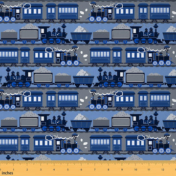 Vintage Train Soft Flannel Fabric by The Yard 10 Yards Blue Steam Engine Railway Transportation Upholstery Fabric for