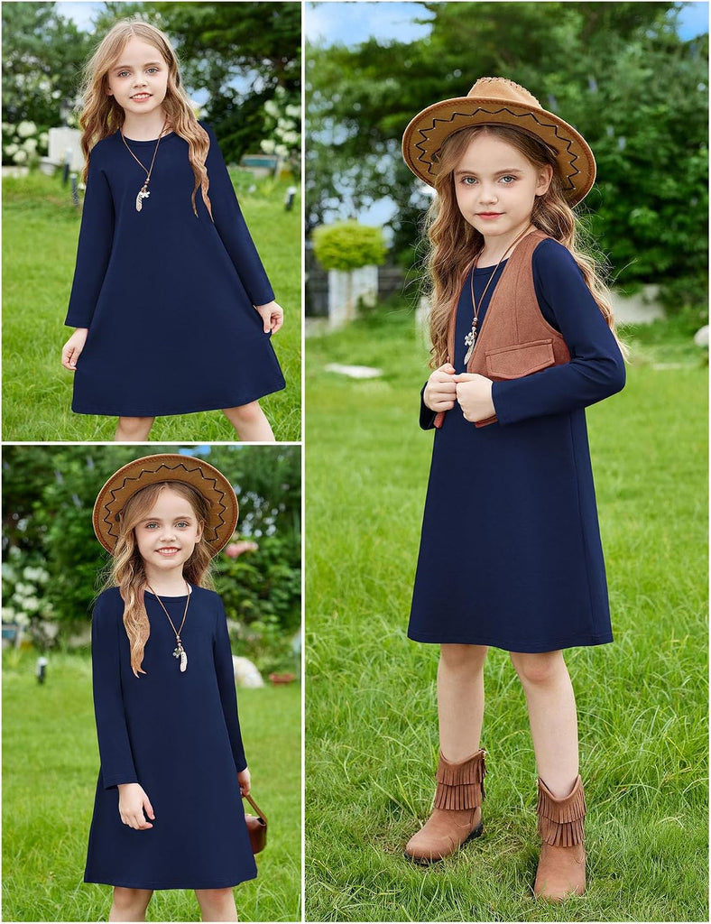 Girls Dress Kids Long Sleeve Solid Color Casual T-Shirt Dress