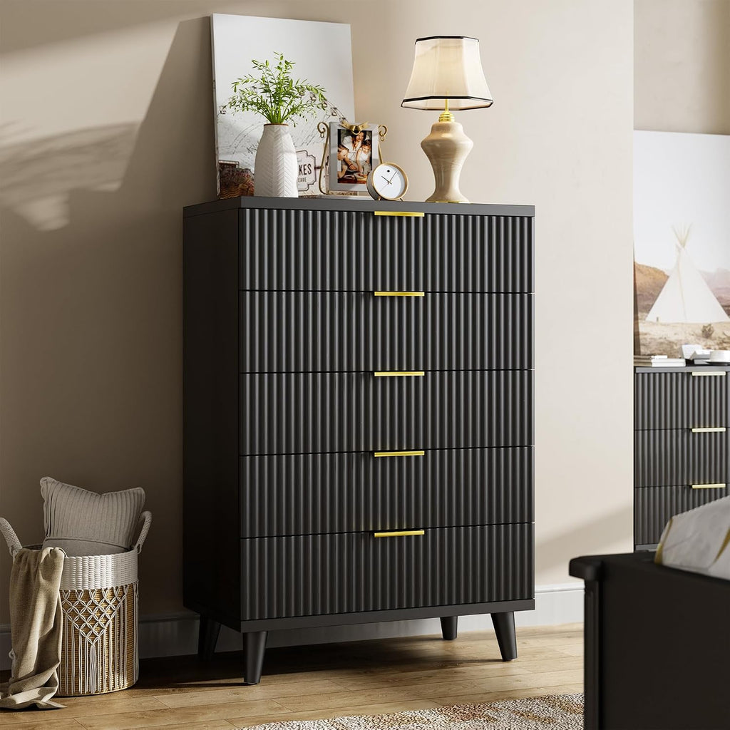 Black Dresser Wood Tall Dressers Drawers, Fluted Modern Dresser 5 Drawers Black