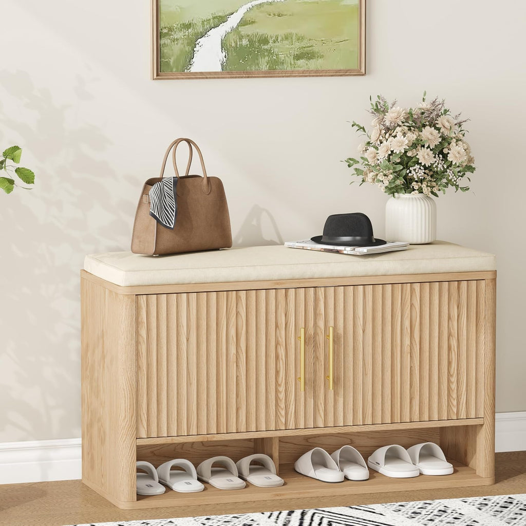 Fluted Shoe Storage Bench with Cushion, Entryway Bench with Adjustable Shelves and Open Bottom Shelf, Hidden Shoe