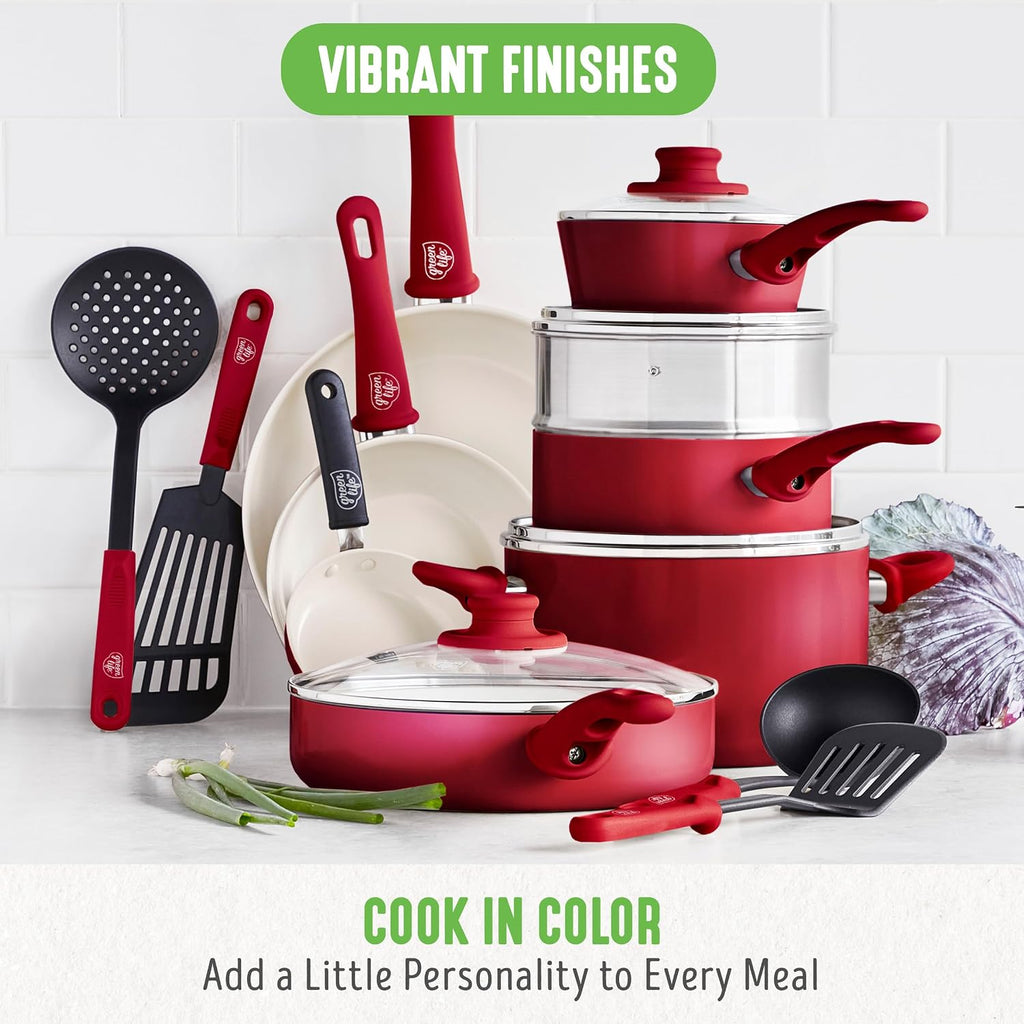 16 Piece Nonstick Cookware Set, Soft Grip Non-Toxic PFAS-Free Ceramic Pots & Pans, Dishwasher & Oven Safe, Frying