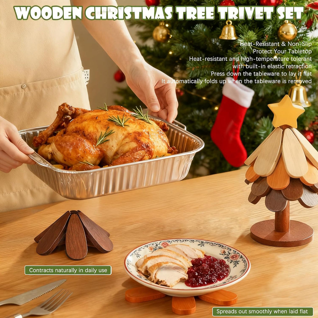 Wooden Christmas Tree Trivet + Stand - Set of 5