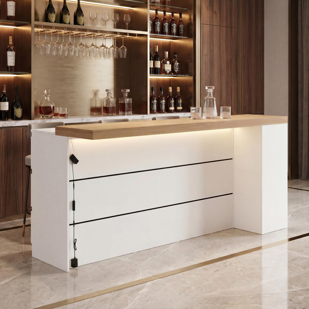 82.7" Large Bar Table Kitchen Station, Home Bar Unit with Lighting, 3 Drawers & 4 Shelves, Bar Cabinets Reception