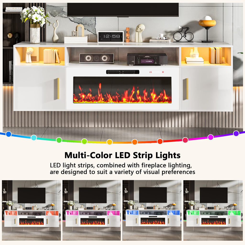 70'' Floating TV Stand with 36" Fireplace, Wall Mounted Entertainment Center with Storage Cabinet and 20 Colors LED