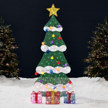 6ft Lighted 2D Christmas Tree Outdoor Décor, Large Holiday Yard Decoration w/ 170 Twinkling LED Lights, Storage Bag