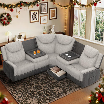 Manual Recliner Sectional Sofa, Corner Couch with Flip Middle Backrest, USB Ports & Cup Holders, Grey Linen &