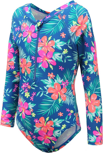 Girls Long Sleeve Rash Guard One Piece Swimsuit Kids UPF 50+ Sun Protection Swimwear Rainbow Striped Bathing Suit