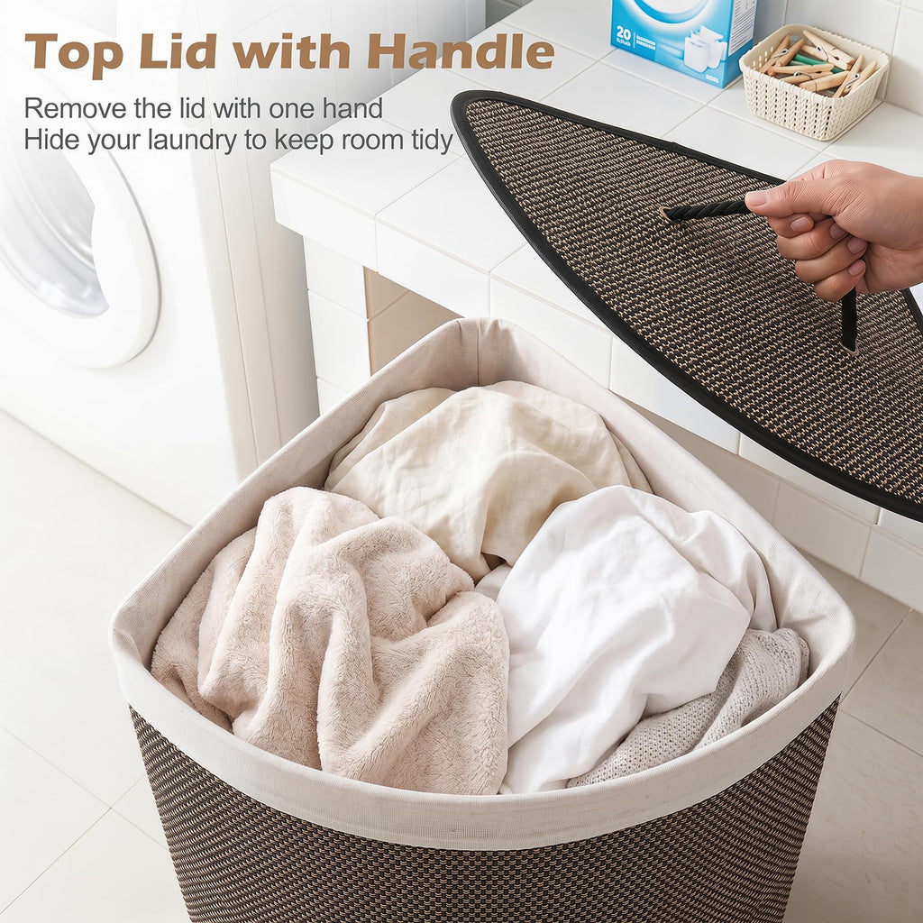 15 Gal Corner Laundry Hamper w/Lid, Removable Liner, Handle Taupe