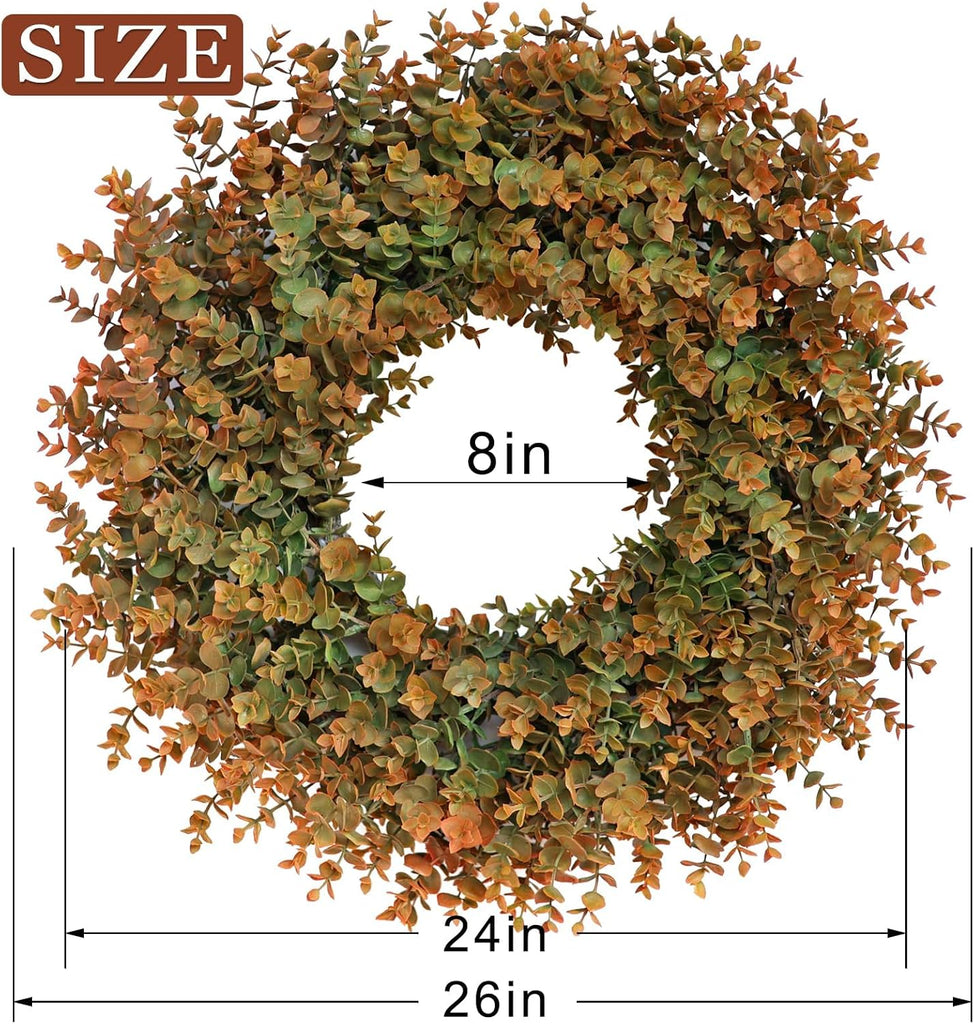 26" Large Fake Eucalyptus Fall Wreath for Front Door Decor(Orange-Green)
