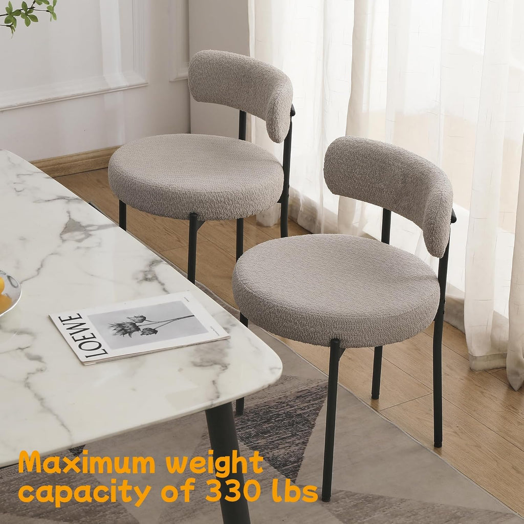 Boucle Dining Chairs Set of 2, Round Upholstered Dining Room Chairs with Black Metal Legs