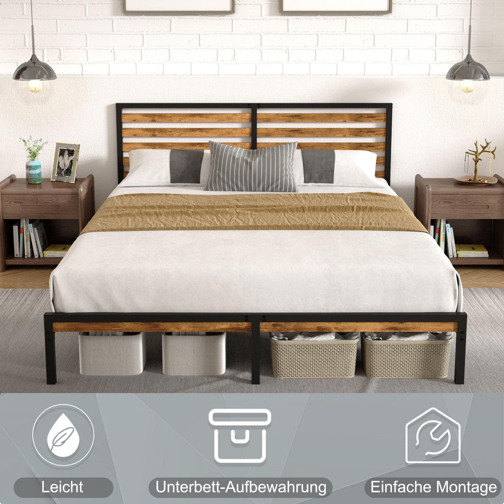 Brown+Black Industrial Metal Bed Frame Queen with Rustic Wood Headboard