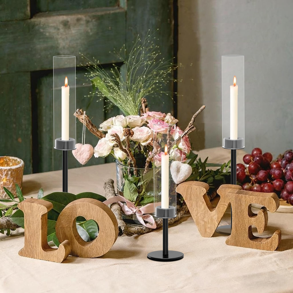 Black Taper Candle Holder Set with Glass Hurricane - Modern Candlestick Holders, Premium Gift Set for Wedding, Fall