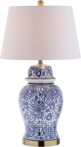 29.5" Blue/White Ceramic Table Lamp and Office, White Linen Drum Shade, Traditional Chinoiserie Ging