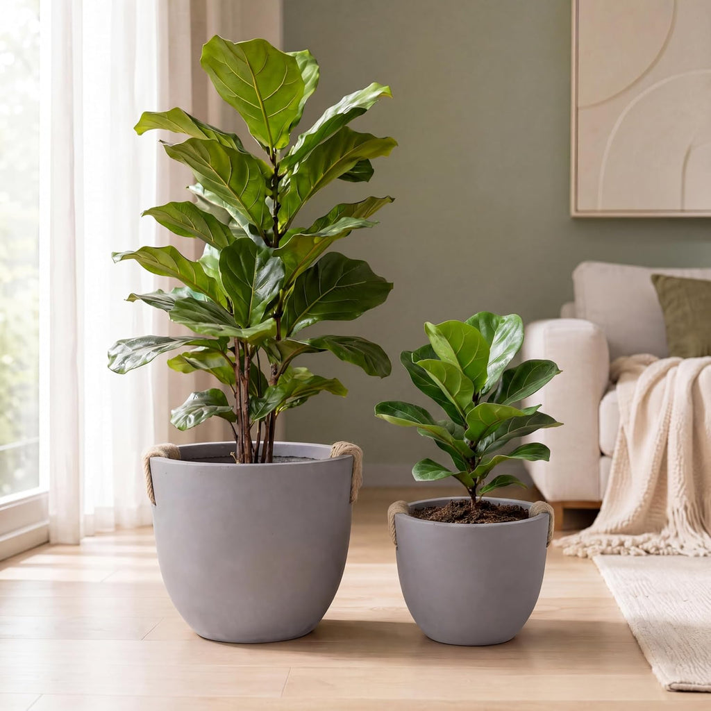 Set of 2 Planter Pots (12.79" & 9.45" ), Lightweight Concrete Look Planters for Indoor Outdoor Plants, Modern Planter