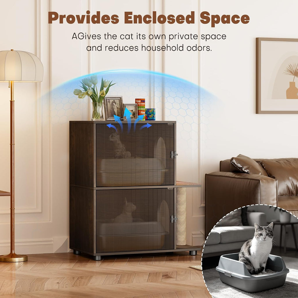 Double Cat Litter Box Enclosure Furniture, Dog Proof Hidden Litter Box