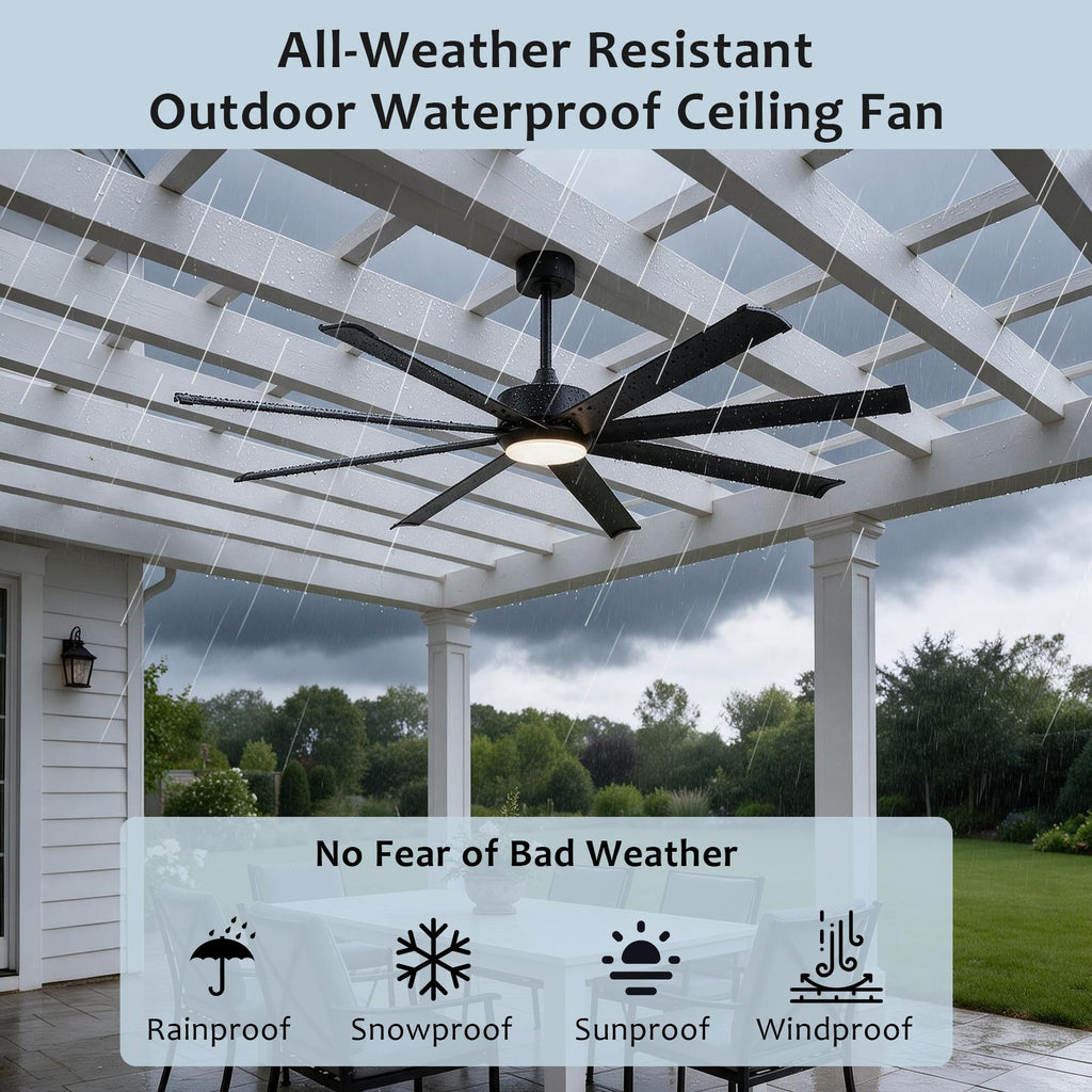 64 Inch Black Outdoor Ceiling Fan with Light Wet Rated Waterproof