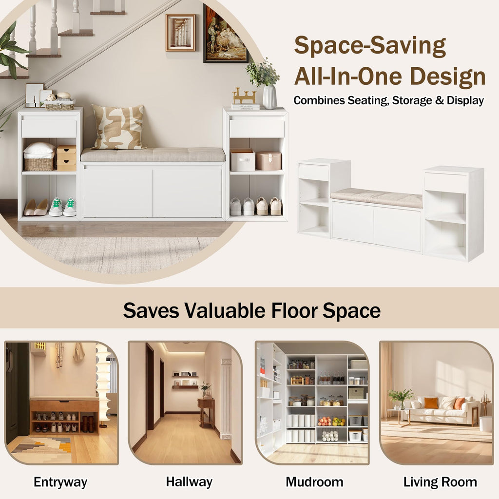 All-in-One Entryway Storage Bench with Cushion, Compartments, Drawers and Open Shelves, Farmhouse Storage Bench
