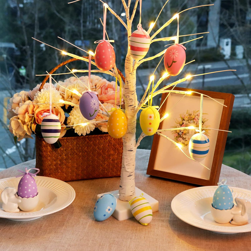 23.2" Lighted Birch Tree with Colored Egg Tree Ornaments, Easter Table Decor with Lights, Kids School Party - Set of 12
