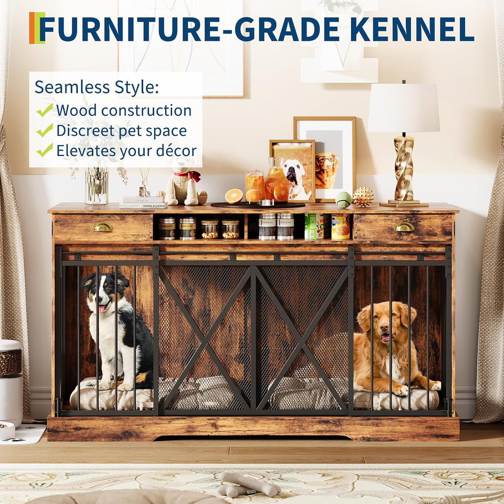 Dog Crate Furniture with Removable Divider, 3-in-1 Wooden Dog Kennel Furniture for 2 Dogs with Sliding Barn Door