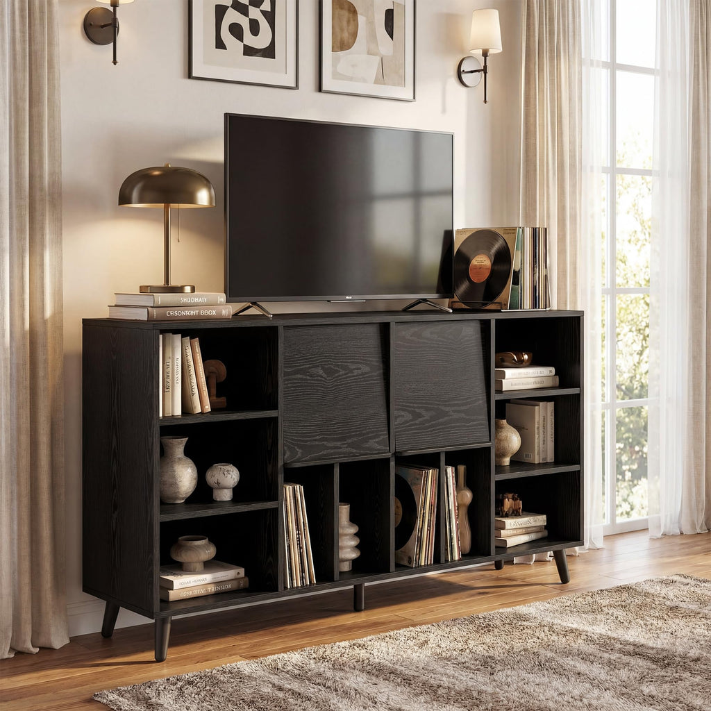 Record Player Stand with Charging Station, 55" Holds 450+ Albums