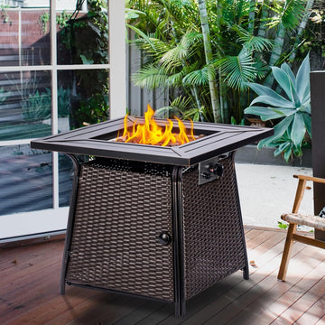 28 inch Wicker Propane Fire Pit Table,Gas Fire Pits Table for Outside,50000 BTU Propane Firepit with Lid &Lava