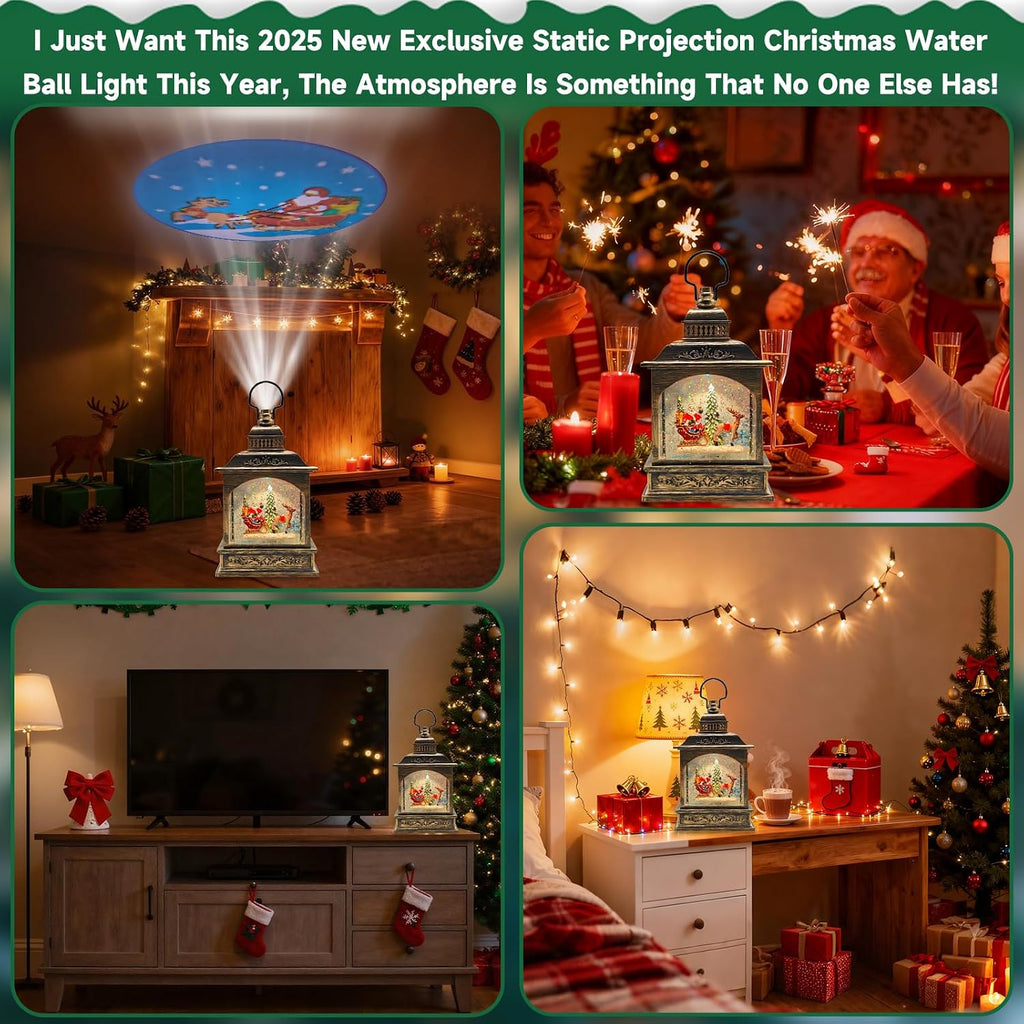 Christmas Snow Globes Lantern Lighted Water Glittering,with Santa Claus Projection/6H Timer/Music,Christmas