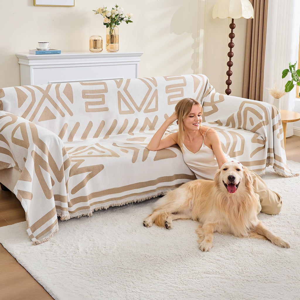 Boho Couch Cover Sofa Covers for 4 Cushion Couch, Couch Covers Washable Blanket Sofa Covers, Chenille L Shape
