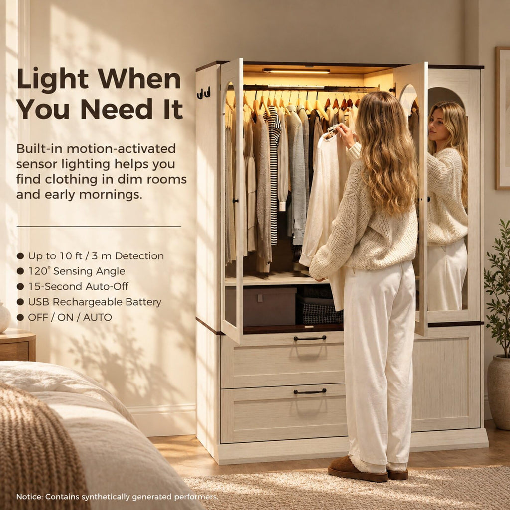 71" H Wardrobe Armoire with Mirror and Sensor Light, Flexible, Antique White