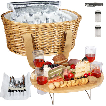 Wicker Picnic Basket Set for 4 with Mini Folding Wine Picnic Table & Large Insulated Cooler Bag & Cutlery Service