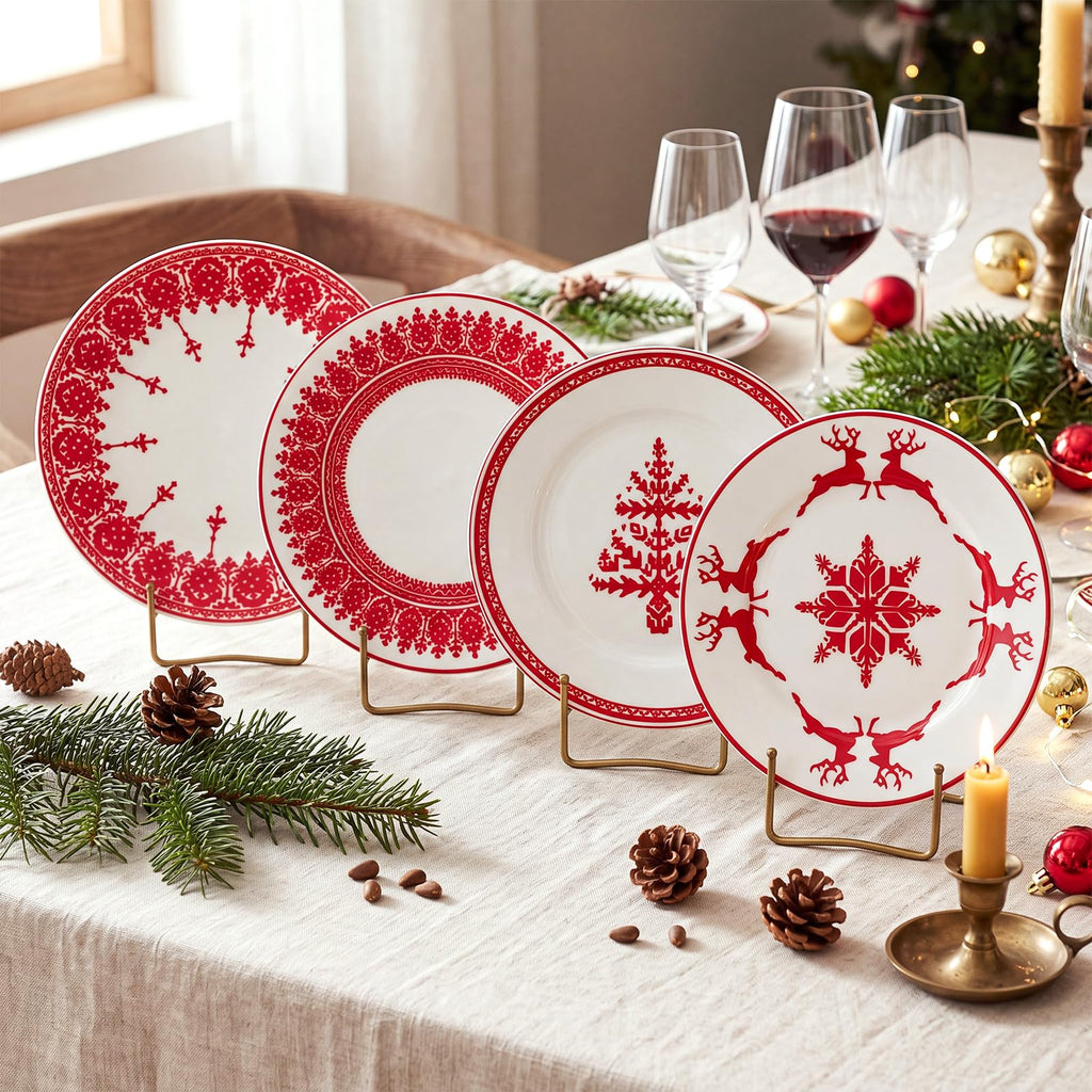 4 Pcs Red Christmas Ceramic Plates 9 Inch Salad Dish Serving Set