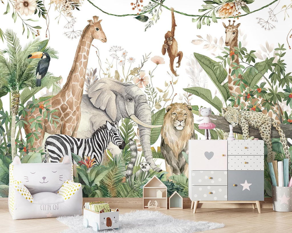 Kids Room Jungle Wall Mural, Safari Animals Rainforest Wallpaper Mural , Kindergarten, Living Room, Nursery Room