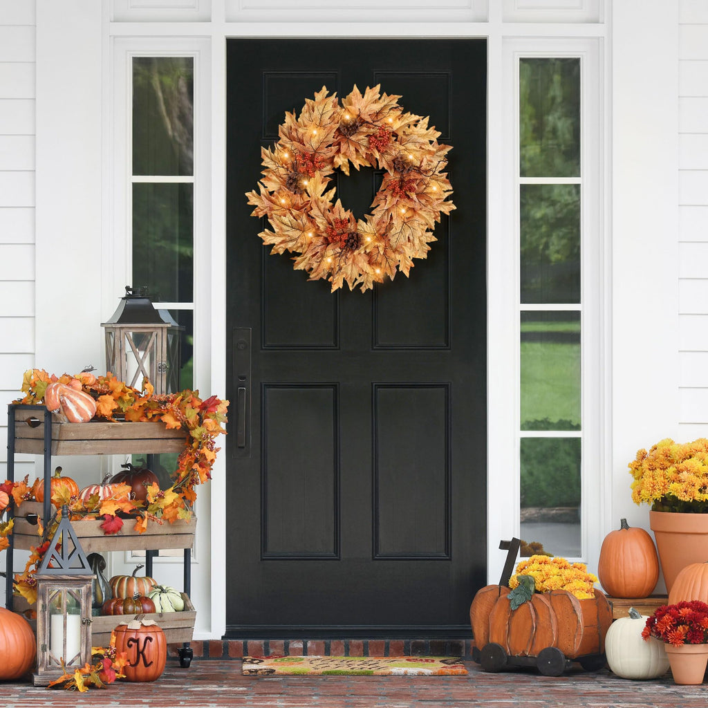 24in Pre-lit Fall Wreaths for Front Door with 20 Lights & Timer